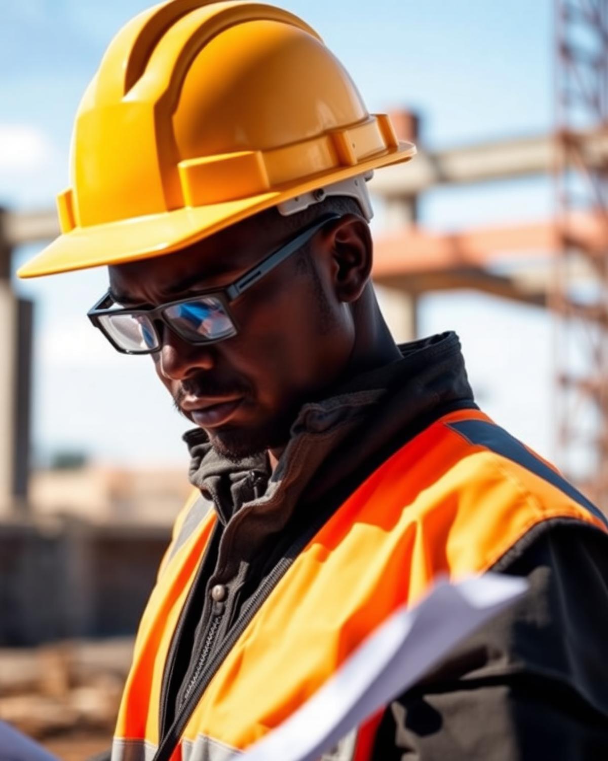 Mthombeni Holdings foreman in hard hat reviewing site drawings